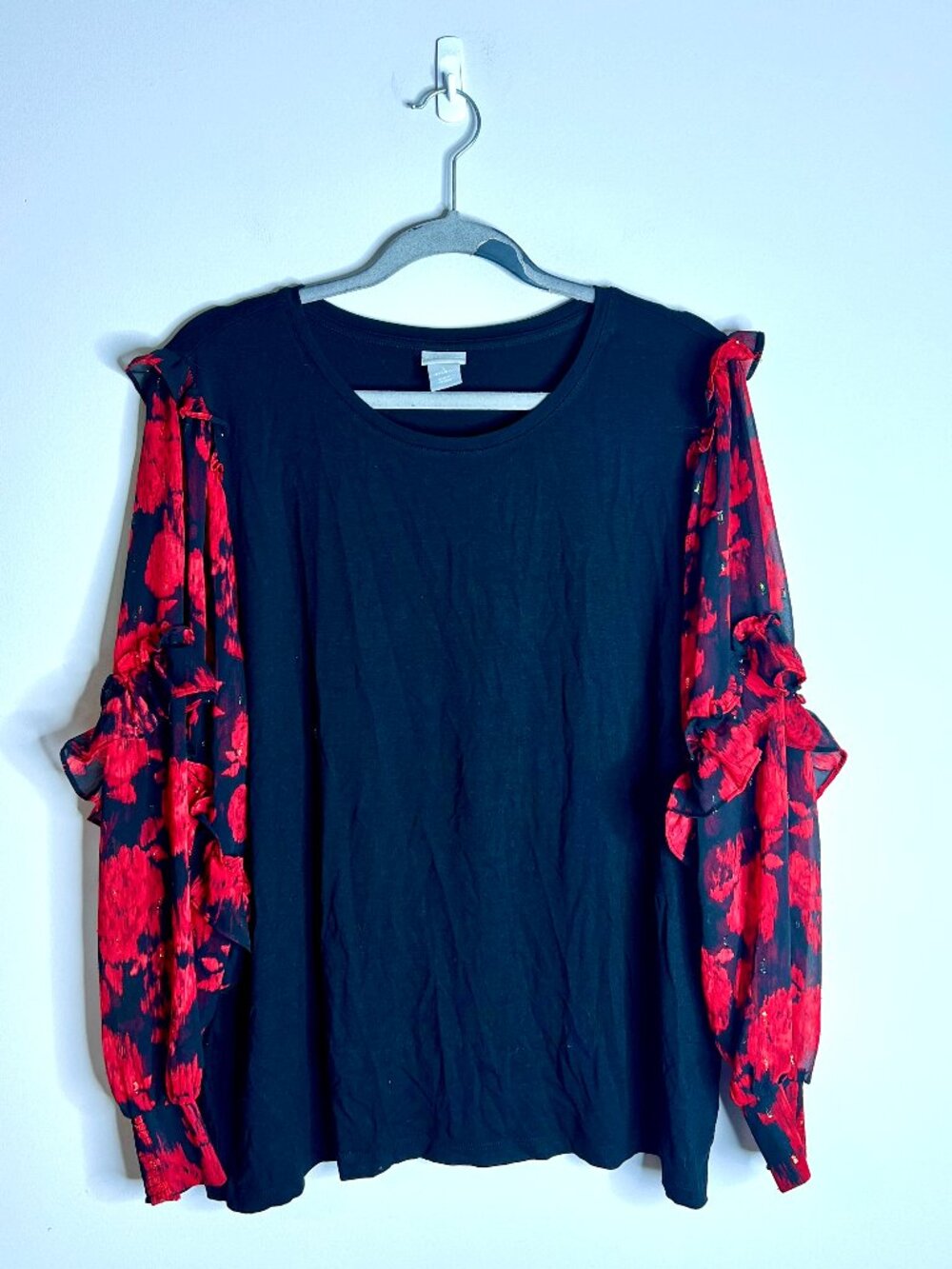 Chico's Red Rose Floral Sheer Long Sleeve Jersey Knit Top Whimsigoth Vamp Sz XL